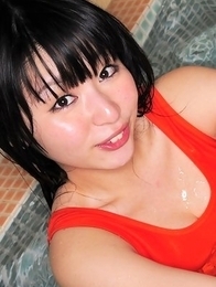 Megumi Suzumoto with big boobs in orange bath suit loves sports